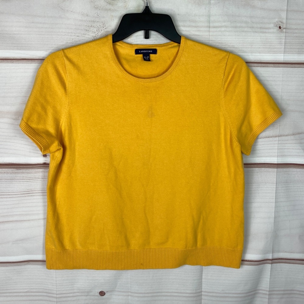 Lands End Sweater Womens PXL Yellow Short Sleeve Pullover Crew Neck Solid Cotton